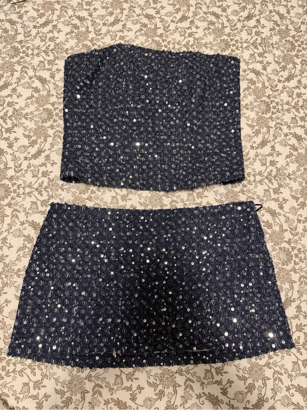 Edikted Navy Blue Sequin Strapless Crop Top and Mini Skirt Set